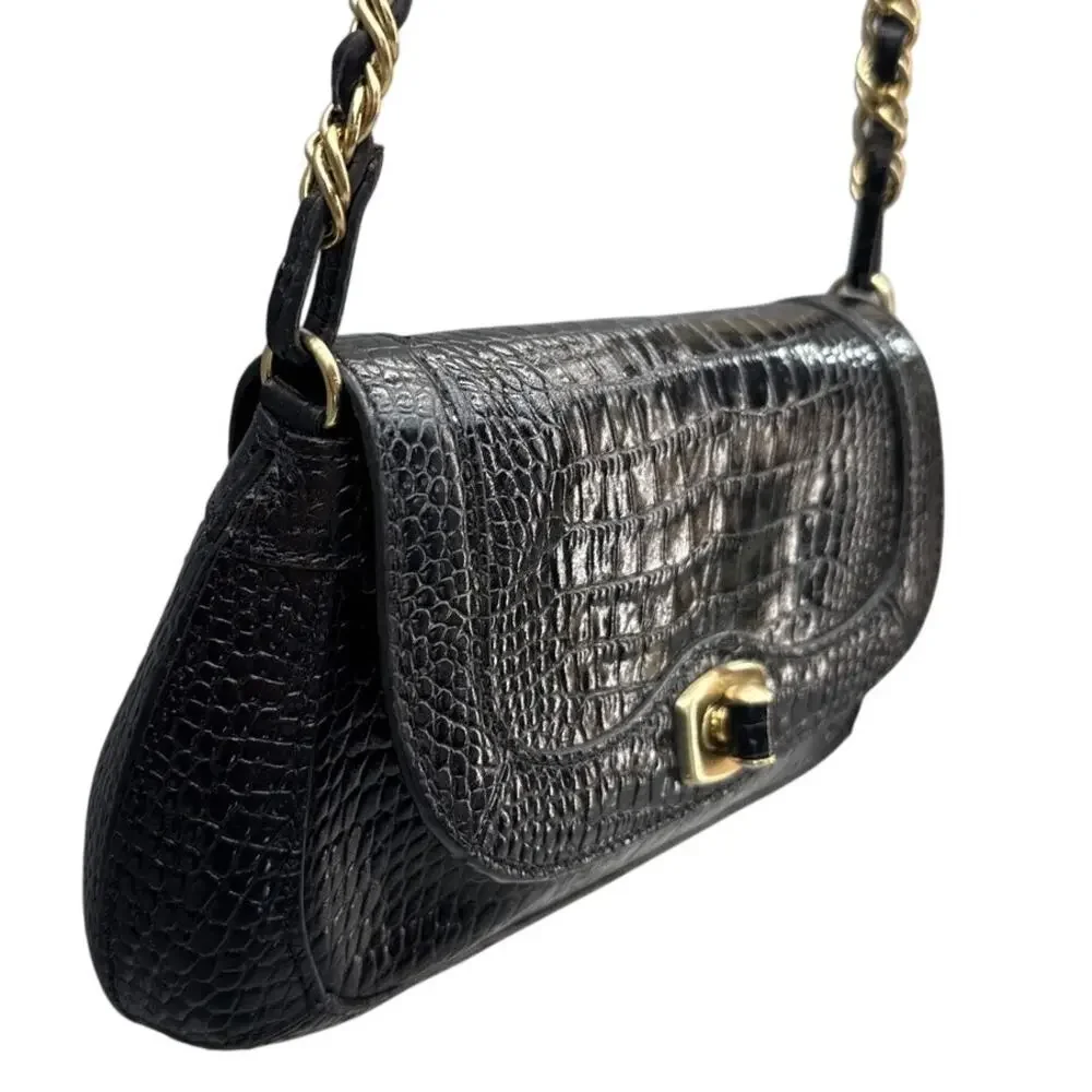 Ann Taylor Black Leather Croc-Embossed Gold Chain Small Shoulder Bag